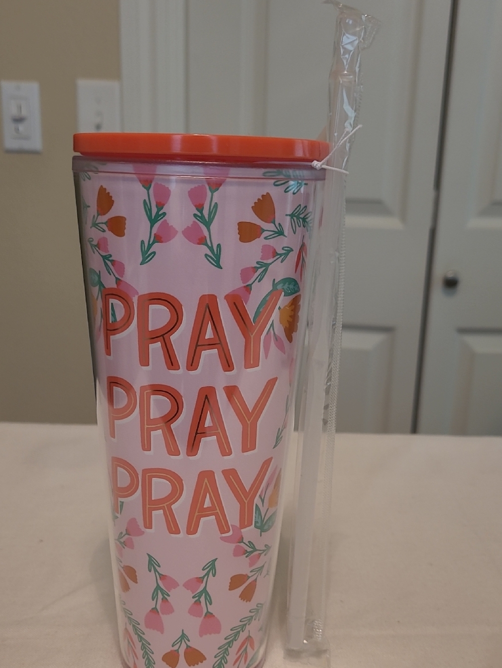 Pray Quote Pink Floral Travel Tumbler with Straw